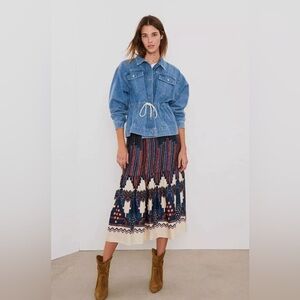 BA&SH Maris Geometric-Print High-Waist Jacquard Midi Skirt Bleu